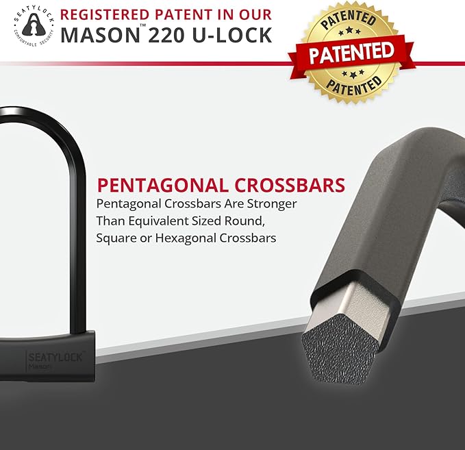 Seatylock Mason Bike U Lock - Patented Heavy Duty Anti Theft Diamond Secure ULock - Ultra Security Bicycle Safety Tool with Keys for City Electric or Mountain Bikes and Scooters