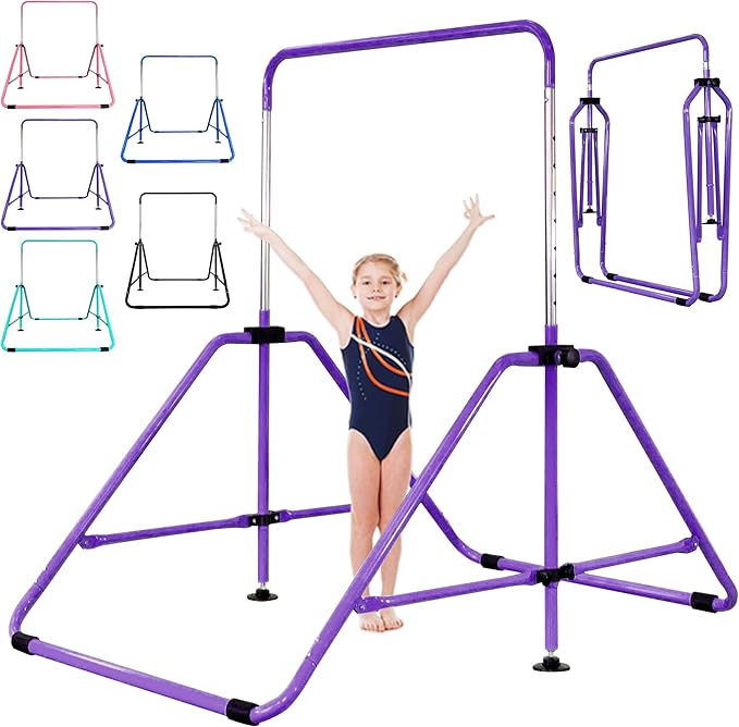 MARFULA Foldable Gymnastic Bar for Kids Ages 3-9, 9 Height Levels, 200 lbs Weight Capacity, 5 Ft Length Gymnastic Kip Bar with Mat, Gymnastic Equipment for Home and Gym Center Indoor Outdoor Use