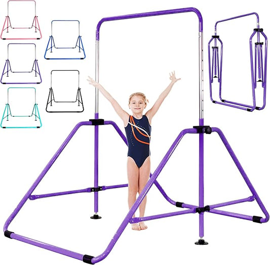 MARFULA Foldable Gymnastic Bar for Kids Ages 3-9, 9 Height Levels, 200 lbs Weight Capacity, 5 Ft Length Gymnastic Kip Bar with Mat, Gymnastic Equipment for Home and Gym Center Indoor Outdoor Use