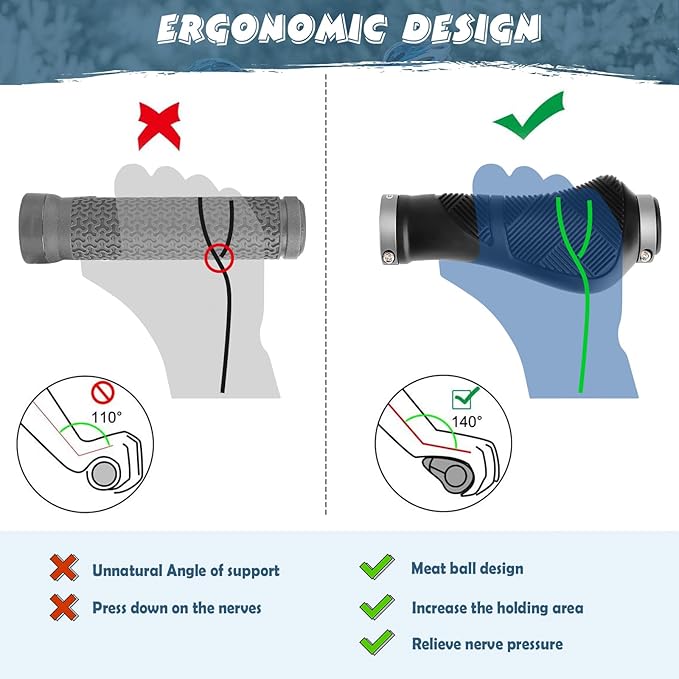GXCROR Ergonomic Bike Handlebar Grips, Double Lock, Non-Slip Rubber, Universal 22.2mm, for MTB E-Bike