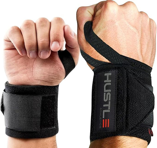 Hustle Athletics Wrist Wraps for Weightlifting, USPA-Approved Wrist Support Weight Lifting Wraps, Premium Hook-and-Loop, 12 in or 18 in Heavy-Duty Cotton-Elastic Support for Powerlifting & Bench Press
