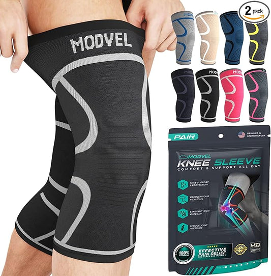 Modvel 2 Pack Knee Brace for Women & Men - Workout Knees Compression Sleeve for Knee Pain Relief Joint Support for ACL, Arthritis, Meniscus Tear Knees Brace for Sports, Rodilleras para Gym Fitness
