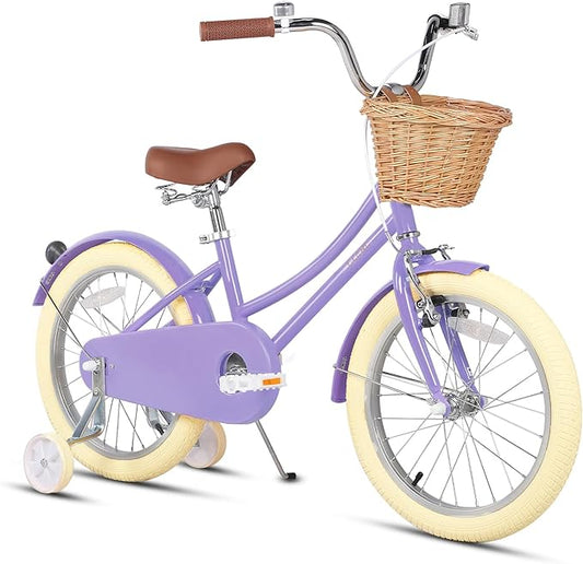 Glerc Little Molly 12-20 Inch Kids Retro Cruiser Bike for 2-13 Year Old with Wicker Basket & Training Wheels/Kickstand, Multiple Colors