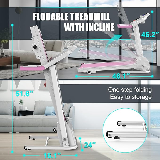 FYC Compact Folding Treadmill for Home - 2.5HP Quiet Brushless Motor, 3-Level Incline, 7.5 MPH, Shock Absorption, Space-Saving Design for Running, Walking - Treadmill for Small Spaces & Home Use