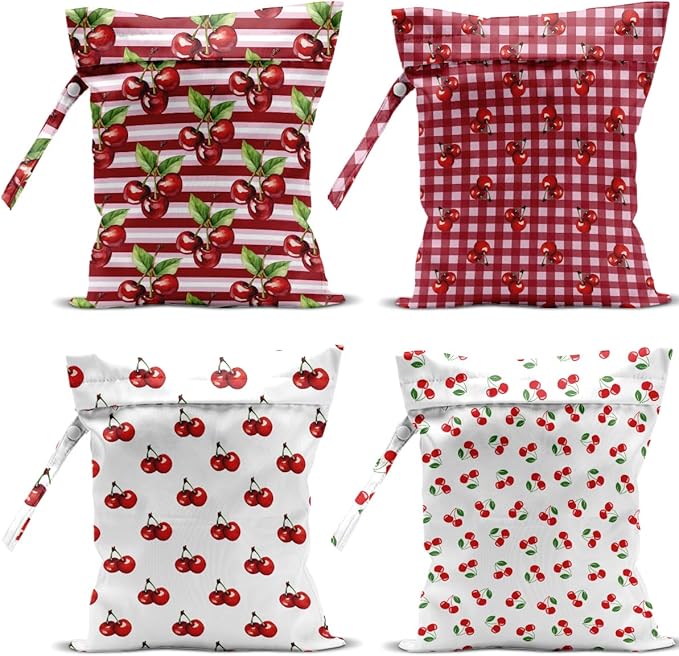 4 Pack Cute Stripes Checkered Cherry Wet Bag Waterproof Washable Reusable Wet Dry Bag for Swimsuit C Dirty Clothes Cloth Diaper Travel Beach Pool Yoga Gym Toiletries Travel Beach Essentials