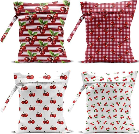 4 Pack Cute Stripes Checkered Cherry Wet Bag Waterproof Washable Reusable Wet Dry Bag for Swimsuit C Dirty Clothes Cloth Diaper Travel Beach Pool Yoga Gym Toiletries Travel Beach Essentials