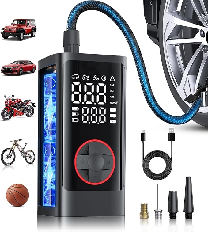 Tire Inflator Portable Air Compressor, 150PSI Cordless Air Pump for Car Tires, Electric Bike Tire Pump with Pressure Gauge, Auto Shut Off, LED Light for Car Motorcycle Bicycle Ball