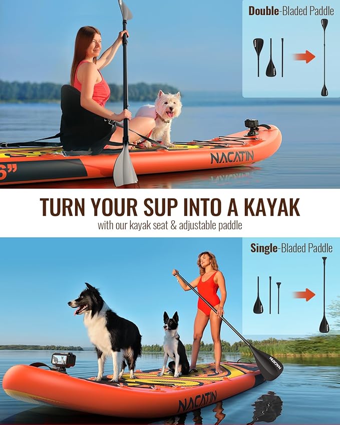 Inflatable Stand Up Paddle Board 12' with Kayak Seat & Dual Paddles – Premium SUP Board for Adults & Families Includes Kayak Conversion Kit, Pump, Leash & Accessories – Stable Wide Deck for Beginners
