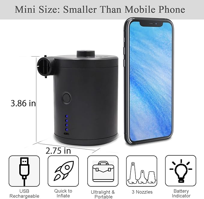 3T6B USB Rechargeable Air Mattress Pumps, Portable Air Pump with 4 Nozzles for Outdoor Camping, Air Mattress, Inflatable Couch, Pool Toy