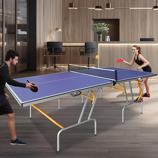 Professional Table Tennis Table, Foldable Ping Pong Game Set for Indoor, 8FT 9FT Single Player Playback Mode Ping Pong Table with Net and Post Set, 2 Paddles and 3 Balls (Blue & Yellow-8FT)