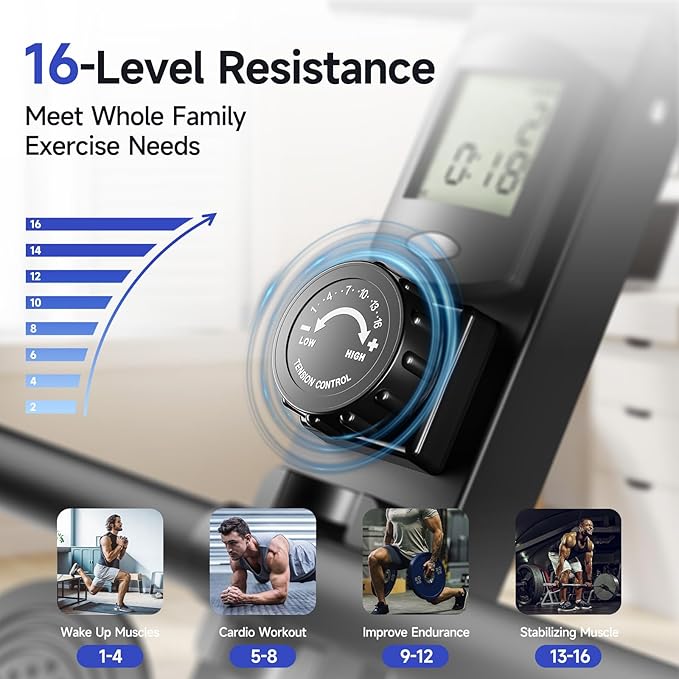 Rowing Machines for Home, Magnetic Row Machine Foldable, 16 Levels Quiet Resistance Rowing Machine with Dual Slide Rail, Folding Indoor Rowers Compact with Max 350lb Weight Capacity