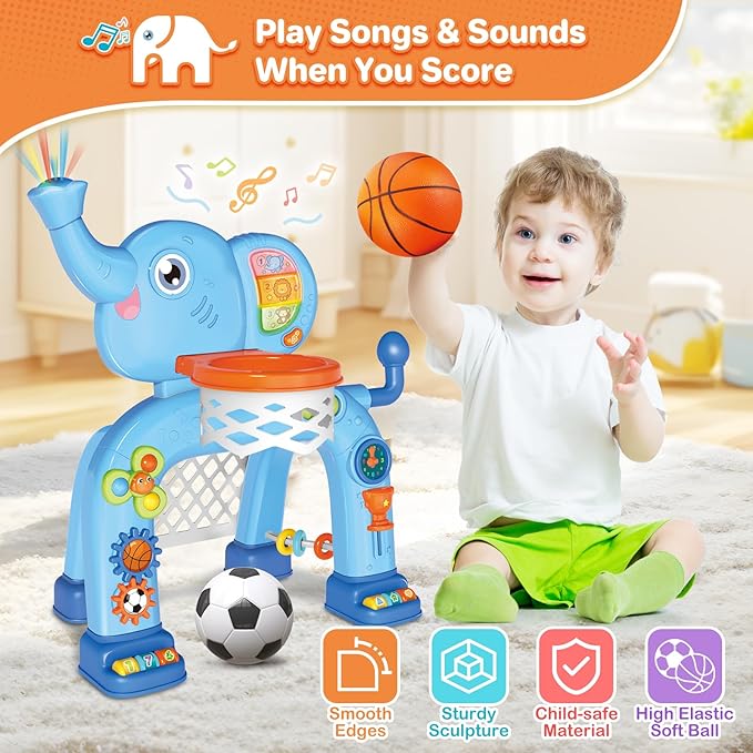 Shemira Toddler Basketball Hoop & Soccer Goal Activity Center Toys with Light & Music,Elephant Toddlers Musical Toys Gift, Baby & Toddlers Christmas Birthday Gift for 1 2 3 Year Old Boys & Girls