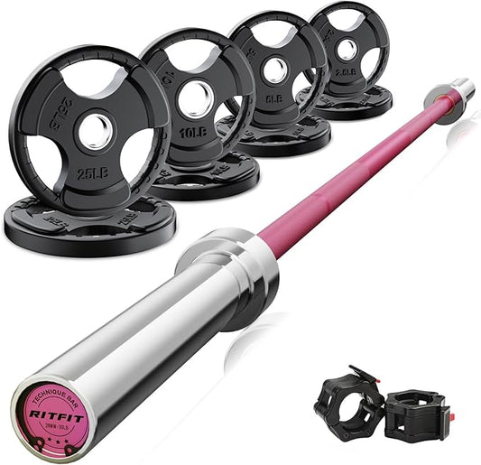 RitFit Barbell Weight Set - 4/6FT Olympic Barbell with Weight Plates (55-275LB Total) - Weightlifting Equipment for Squats, Curls, Deadlifts, Presses, Hip Thrusts