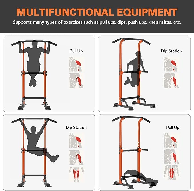soges Power Tower Pull Up Bar Station, Free Standing Pull Up Rack Dip Station for Home Gym, Height Adjustable Home Strength Training Fitness Workout Equipment