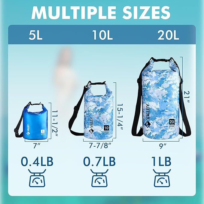 VILLEY Dry Bag Waterproof 5L Roll Top Sack Keeps Gear Dry Lightweight Sack for Kayaking Boating Camping Swimming and Beach Adventures Blue Transparent