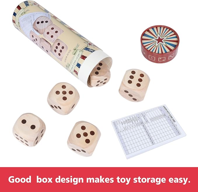 GOTHINK Large Wooden Yard Dice Game Set, Get The Party Started with 5 PCS Wooden Yard Dices - 2.1 Inches, Perfect for Outdoor Fun and Games, Includes Scoreboard and Storage Box