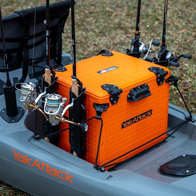 YakAttack BlackPak Pro 13" x 16" Kayak Fishing Crate with 4 Rod Holders - Orange | Tackle Storage Box & Gear Organizer for Kayaks | Lightweight, Durable & Customizable Marine Accessory | Made in USA