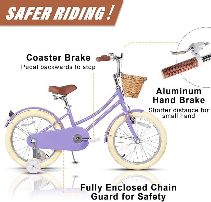 Glerc Little Molly 12-20 Inch Kids Retro Cruiser Bike for 2-13 Year Old with Wicker Basket & Training Wheels/Kickstand, Multiple Colors