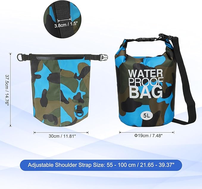 Waterproof Dry Bag, 5L Fit for Women Men Water Proof Bags Lightweight Dry Storage Floating Backpack with Whistle for Travel Boating Kayaking (Sky Blue Camouflage)