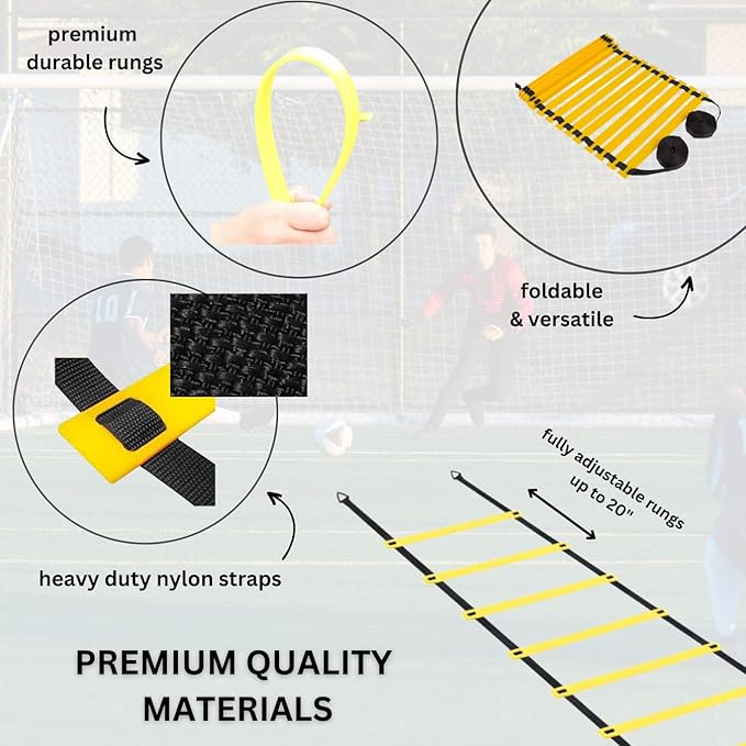 DELUXE EDITION Agility Ladder Training Set - 13 Rung 21ft Agility Ladder w/13 Disc Cones, Carry Bag - Improve Speed & Strength Soccer, Football, Basketball w/4 Steel Pegs for Outdoor Workout Charts