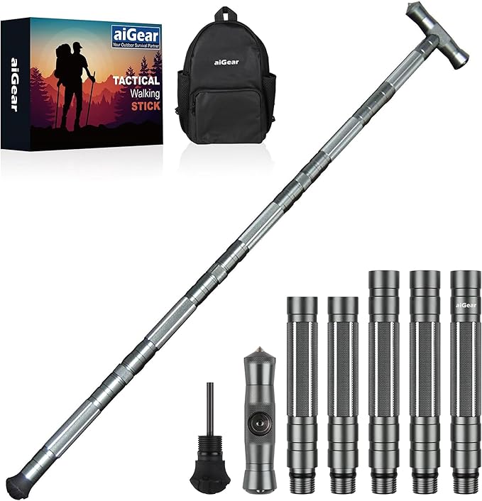 aiGear Tactical Stick Hiking Walking Staff - Trekking Poles Tactical Staff Adjustable Hiking Stick Gear for Outdoor Survival Camping Hiking