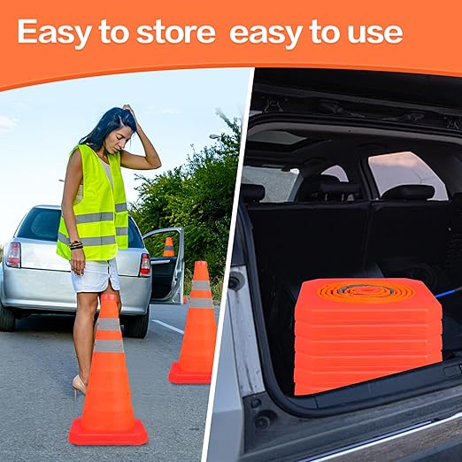 [6 Pack]18 Inch Collapsible Traffic Safety Cones - Parking Cones with Reflective Collars, Orange Safety Cones for Parking lot, Driveway, Driving Training etc