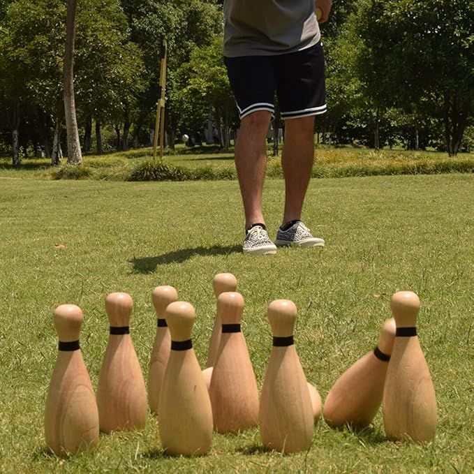 NI-ROU Outdoor Giant Lawn Bowling Games Rubber Wooden Lawn Set Fun Sports Games Outside or Indoor for Family Adults and Kids Backyard Skittles Carrying Bag with 10 Pins and 2 Balls