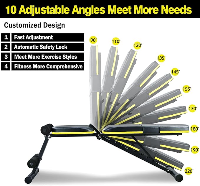 Adjustable Weight Bench, Foldable Workout Benches for Home Gym, 10 Backrest Position Exercise Bench for Strength Training, Upgraded Thickened Steel Support Max Capacity 700LBs