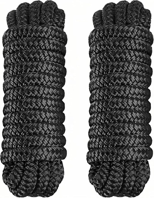 2 Pack 3/8" x 15' Dock Lines - Marine Grade Nylon Boat Rope with 12" Loop for Docking and Mooring - Double Braided Boat Lines, High Strength, Easy Handling, Fray Resistant - Black