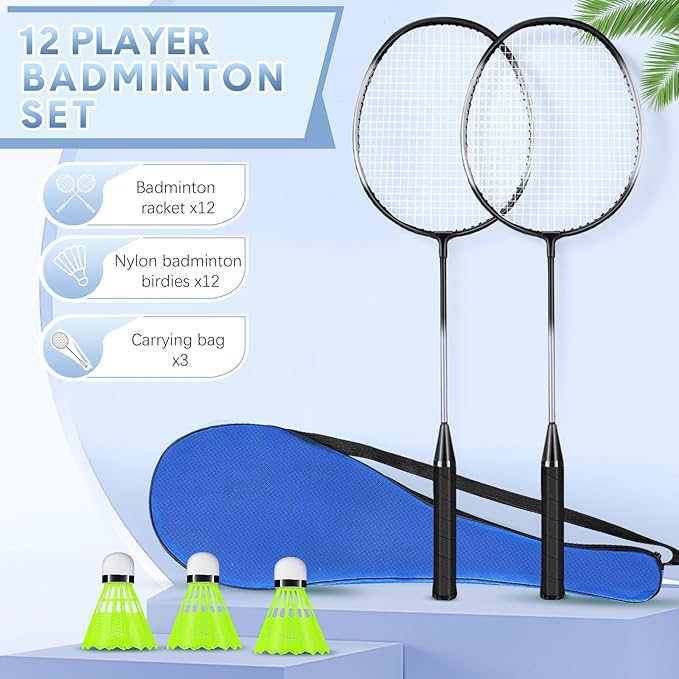 12 Pack Badminton Rackets Set Including Rackets, Nylon Shuttlecocks and Carry Bag for Outdoor Backyard Games Beginners