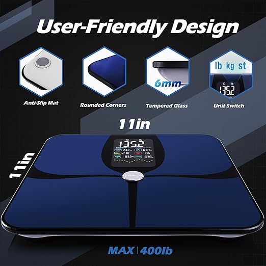 Lepulse Smart Weight Scale with BMI Body Fat Muscle Mass, 4.68" Large Display with Trend, High Accurate 22 Composition Scale with Heart Rate, Bathroom Scale with App, Black