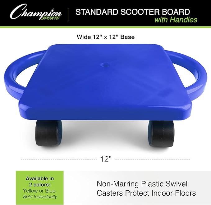 Champion Sports Scooter Board – Choice of Handles or No Handles, Durable Plastic Scooters for Youth Gym & PE Class, Indoor & Outdoor Play, Non-Marring Wheels, Multiple Sizes & Colors