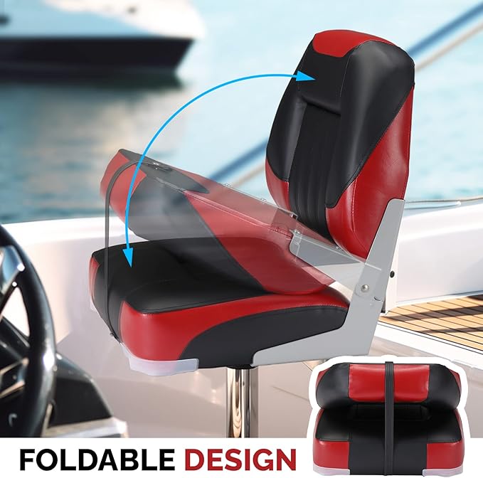 PEXMOR Boat Seats Low/High Back, Folding Boat Seat Included, Fold-Down Fishing Boat Seats Waterproof Captain Boat Seat w/Aluminum Hinges & Thick Soft Cushion, 2 Packs (Low Back-Red & Black)