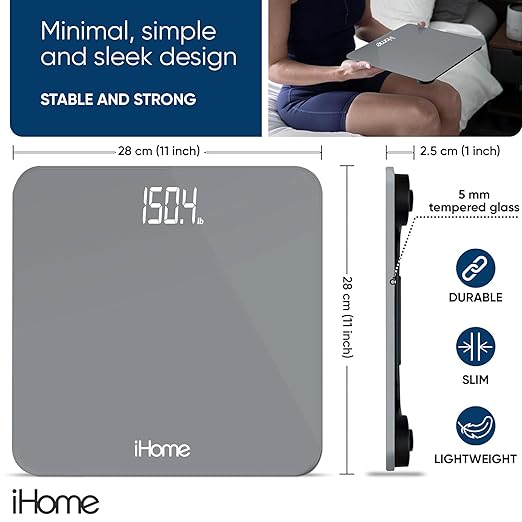iHome Digital Scale, Bathroom Scale, Batteries Included, Scale Body Weight, Weight Scale, Digital Scale, Bathroom Scales for Weight, Digital Scales for Body Weight (Grey)