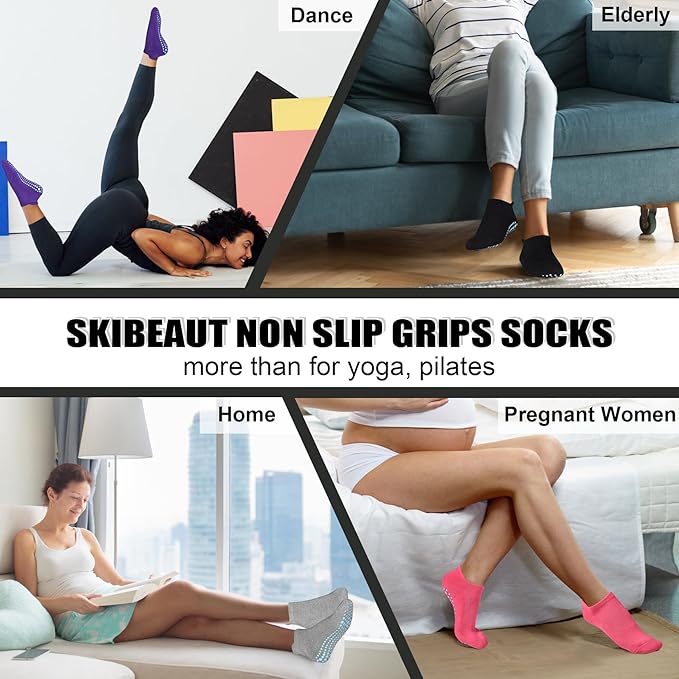 SkiBeaut Grips Non Slip Socks for Women, 4 Pairs Yoga Pilates Anti Skid Woman Hospital Gripper Socks (5-12)