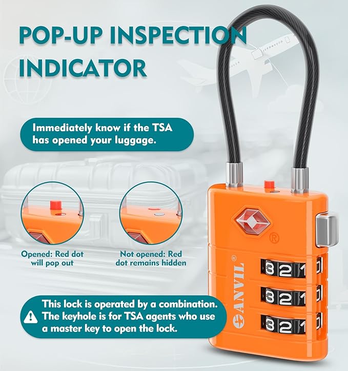 ANVIL TSA Approved Luggage Locks – High Security TSA008 Combination Travel Locks with Inspection Indicator for Suitcases and Backpacks. (3, Orange)