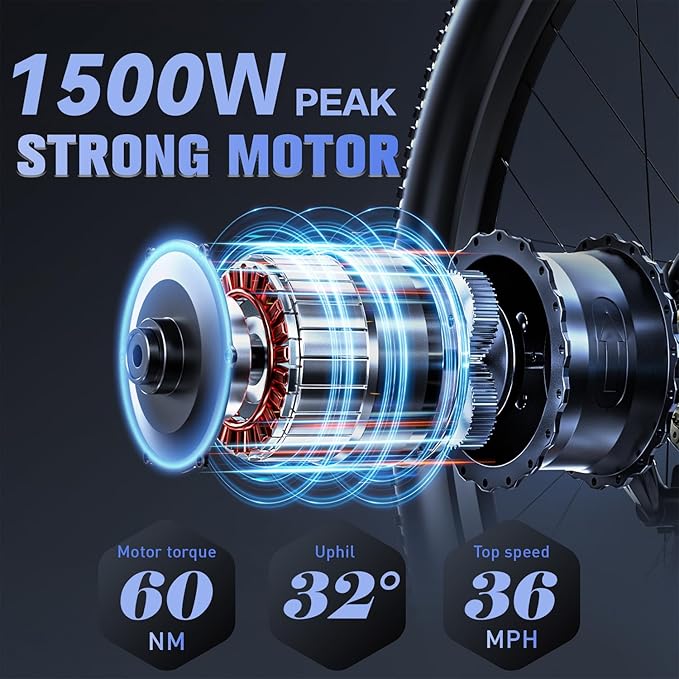 Electric Bike for Adults, 1500W Peak Motor Ebike, 36 MPH, 48V Battery, Up to 80 Miles Range, 27.5" Electric Mountain Bike with 21-Speed, Suspension, Turn Signals and Disc Brakes