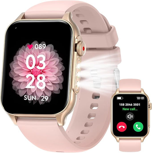 Smart Watches for Women (Answer/Make Call) with LED Flashlight, 1.96" HD Touch Screen Fitness Tracker with Heart Rate Sleep Monitor, Waterproof Smartwatch with 100+ Sports Modes