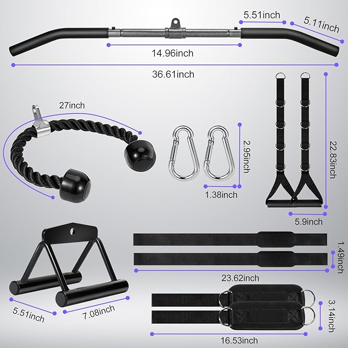 Cable Machine Attachments Set: LAT Pulldown Attachments Bar for Home Gym Accessories Tricep Rope Double D Handles