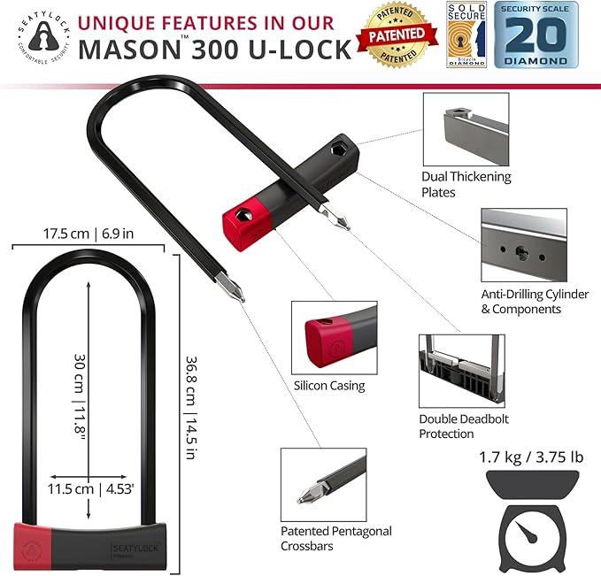 Seatylock Mason Bike U Lock - Patented Heavy Duty Anti Theft Diamond Secure ULock - Ultra Security Bicycle Safety Tool with Keys for City Electric or Mountain Bikes and Scooters