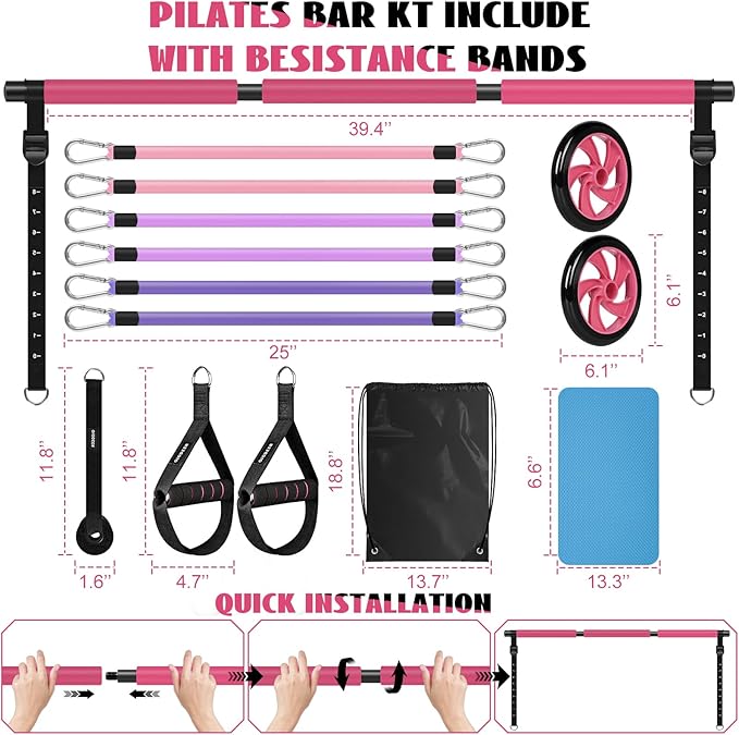 Pilates Bar Kit with Resistance Bands for Working Out, Pilates Equipment with Ab Roller for All Fitness Levels, Portable Home Gym Full Body Workout Equipment for Women&Men