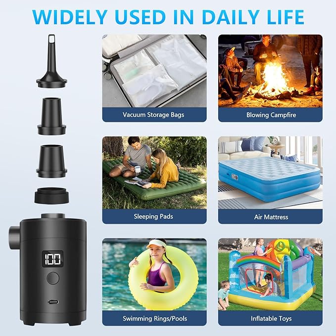 Portable Electric air Pump,Type-c Charging,Inflate Deflate for Pool Floats, Air Bed, Air Mattress Swimming Ring, Vacuum Storage Bags