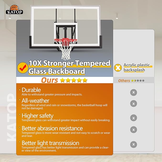 Katop Wall Mount Basketball Hoop with 60"x36", 72"x42" Tempered Glass Backboard, Effortlessly Height Adjustable from 7.5' to 10', Pre Installed Pads and Heavy Duty Basketball Rim and Net