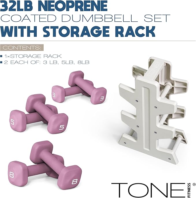 Tone Fitness Neoprene Dumbbell Set with Storage Rack – Non-Slip, Anti-Roll Hand Weights for Home Gym Workouts | 20 lb, 32 lb, & 50 lb Options