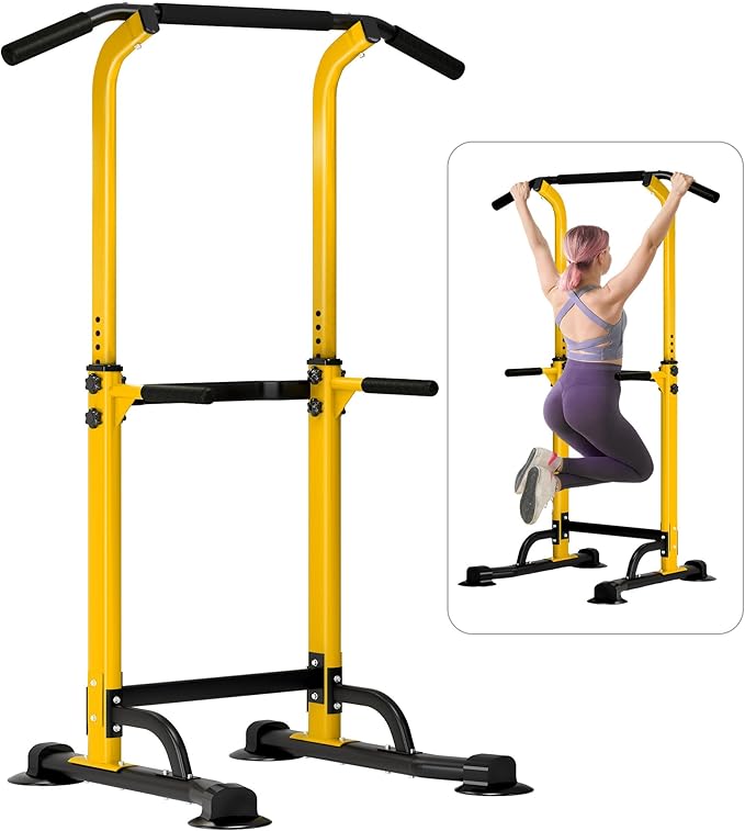 Dland Power Tower Pull Up Bar Dip Station and Height Adjustable Dip Bar Stand, Multi-Function Home Gym Exercise Equipment Strength Training Fitness Workout Station
