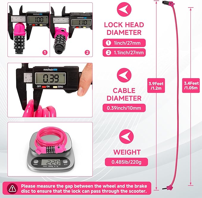 Bike Lock, 3.9 Feet 4-Digit Resettable Combination Password Anti-Theft Cable Lock, Cute Coiled Bike Lock with Mounting Bracket, Suitable for Bicycles, Electric Scooters, Ebikes (Pink-10mm)