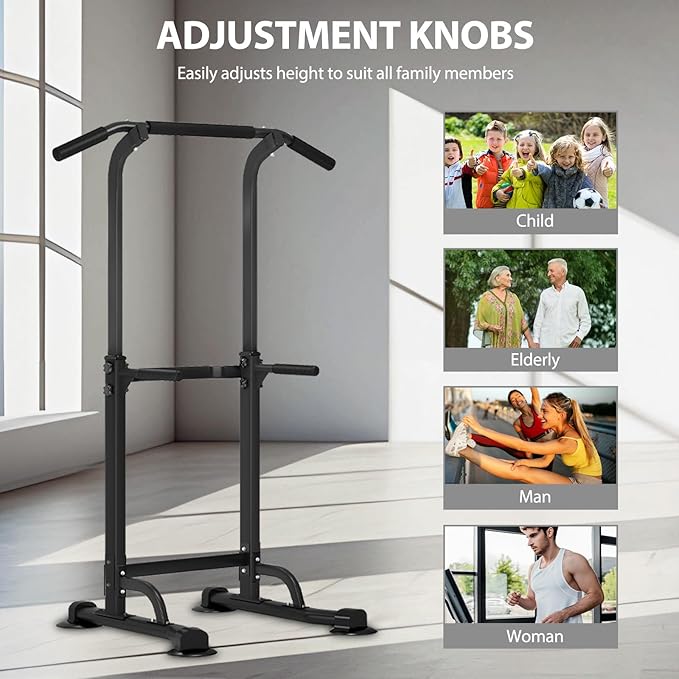 Dland Power Tower Pull Up Bar Dip Station and Height Adjustable Dip Bar Stand, Multi-Function Home Gym Exercise Equipment Strength Training Fitness Workout Station