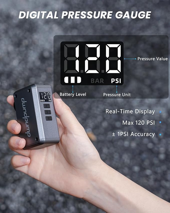 Bike Pump Electric DP5 PRO, 120 PSI Portable Bike Tire Pump with Gauge, Mini Bicycle Air Pump, Auto Shut Off, with Presta and Schrader Valves, for Road Bike, Mountain Bike, Sports Balls