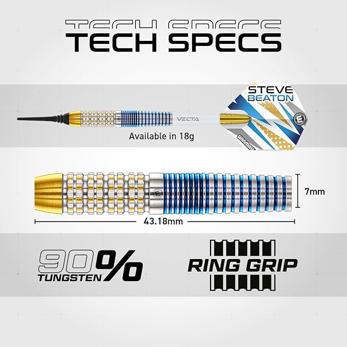 WINMAU Darts - Professional Player - Steve Beaton Legacy Edition 90% Tungsten Darts Set with Dart Flights and Dart Shafts (Stems) – Available in Soft and Steel Tip - Available weights 18g, 22g and 24g