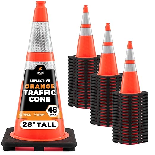 Xpose Safety 28 Inch Orange Traffic Cones with 6" & 4" Collars, 48-Pack - Multipurpose PVC Plastic Safety Cone for Parking, Soccer, Caution, Kids and Construction - DOT Approved